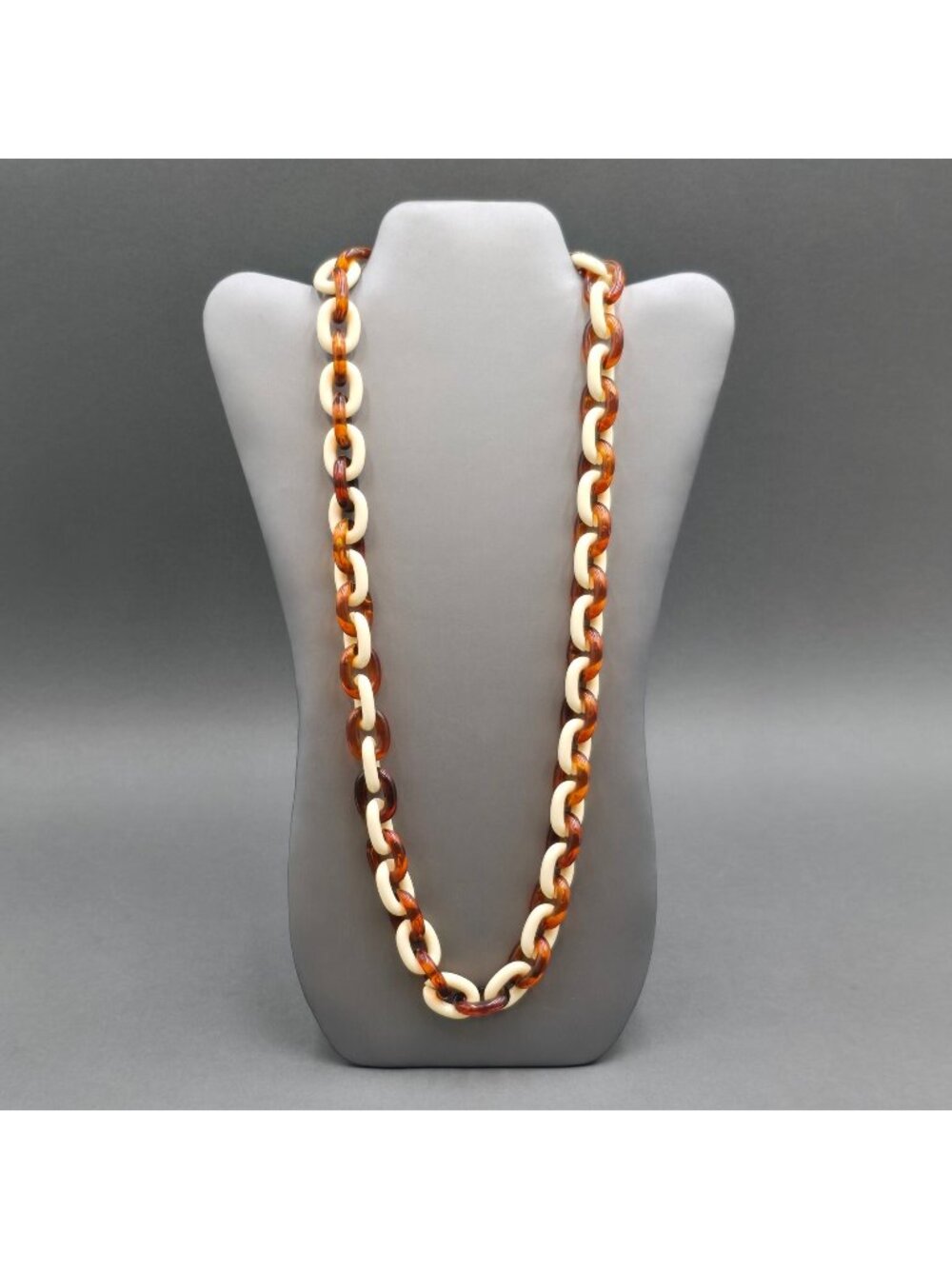 Vintage Lucite Chain Link Statement Necklace 28" Cream Tortoiseshell